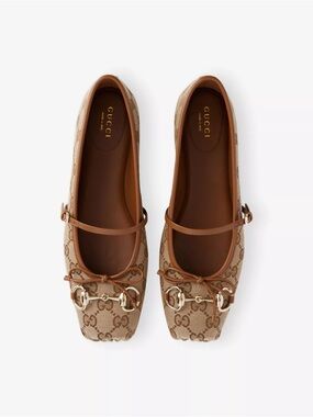 Gucci Beige Brown GG Canvas Horsebit Mary Jane Flats